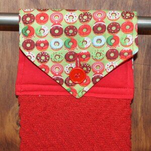 CHRISTMAS DONUTS PRINT RED & GREEN Handmade Hanging Hand Towel RED COTTON TOWEL
